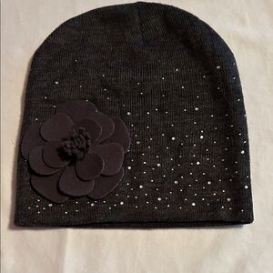 Elegant Dark Grey Knit Beanie with Large Felt Flower & Rhinestone Embellishment
